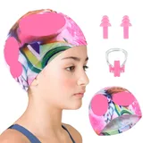 Badekappe Kinder, Elastische Schwimmkappe Kinder mit Schwimmen Ohrstöpsel und Nasenclip, Badehaube Kinder Leichte Badekappen wasserdichte Schwimmhaube Kinder Bademütze für Langes und Kurzes Haar