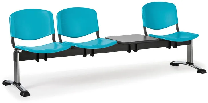 Kunststoff-Wartezimmerbank, Traversenbank ISO, 3-sitzig + Tisch, grün, verchromte Füße
