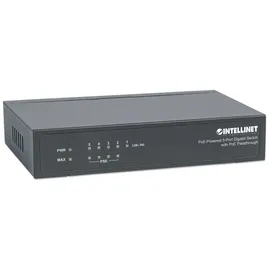 Intellinet Network Solutions INTELLINET 5-Port Switch Power over Ethernet - Gigabit PoE+ Injektor 240V, Passthrough, PoE+ Adapter mit 200m Reichweite, lüfterfrei & leise - Schwarz