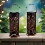 Marrakesch Orient & Mediterran Interior Marrakesch 2er Set Solarlaternen Solarlampen für außen mit Henkel aus Metall & Holz 30cm | Orientalische Deko Outdoor Solar LED Laterne Wetterfes...