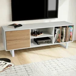 KADIMA DESIGN Lowboard Weiß mit Eiche-Dekor 150x55x40 cm TV-Kommode Modern, Design TV-Schrank Hoch, Fernsehtisch Fernsehschrank mit Schubladen & Regal,