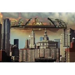 Fototapete PAPERMOON "Raumschiff über Stadt", bunt, B:3,50m L:2,60m, Vlies, Tapeten