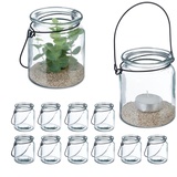 Relaxdays Windlicht Glas, 12er Set, Teelichthalter mit Henkel, HxD: 9,5 x 8 cm, runde Kerzengläser, transparent/schwarz