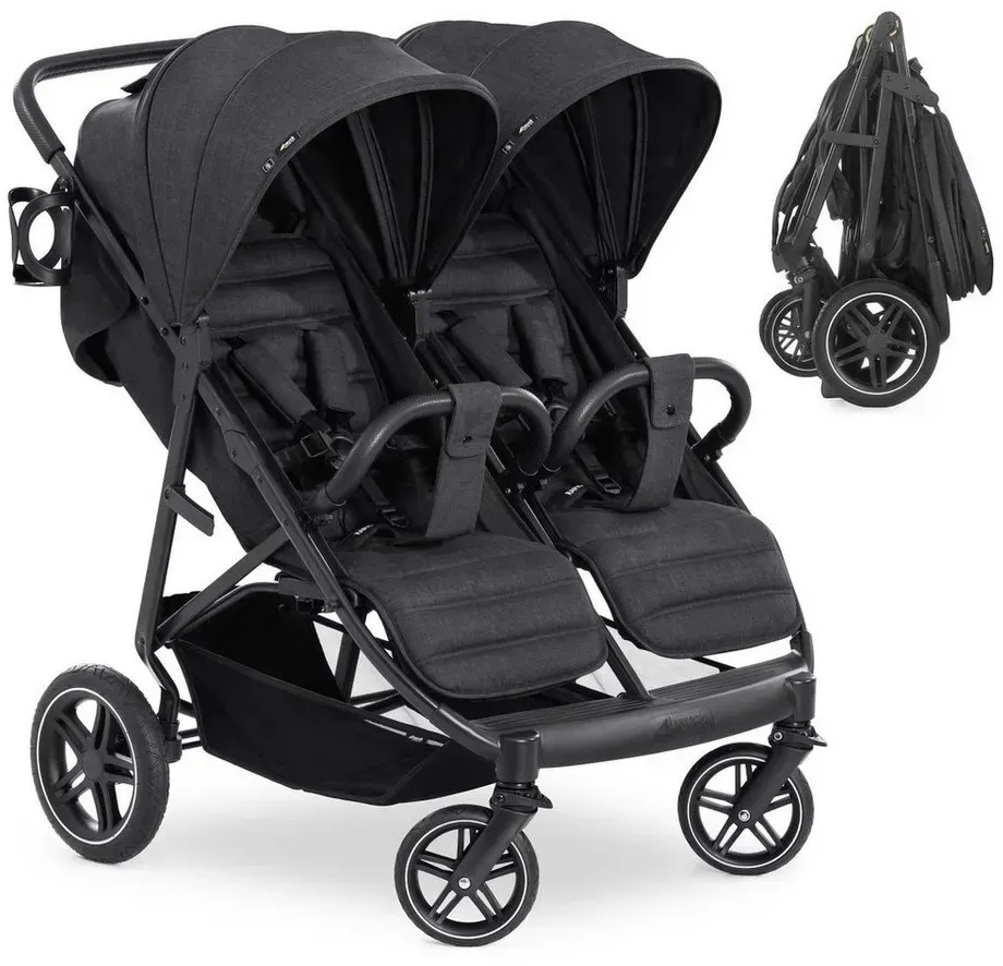 Hauck Zwillingsbuggy UpTown Duo - Melange Black, Zwillingsbuggy Geschwisterbuggy mit Liegefunktion & Getränkehalter schwarz