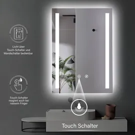Hoko LED Badspiegel Wandspiegel 50x70cm + Anti-Beschlag - Lichtfarbe stufenlos einstellbar - Touch - Wandschalter - Speicherfunktion IP44 Koblenz - Transparent