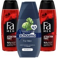 SCHAUMA Shampoo 1x2x400 ML For Men & Fa Men 2in1 Körper & Haar Duschgel Attraction Force mit erfrischendem Duft von Bergamotte & Limette,2x 250 ml