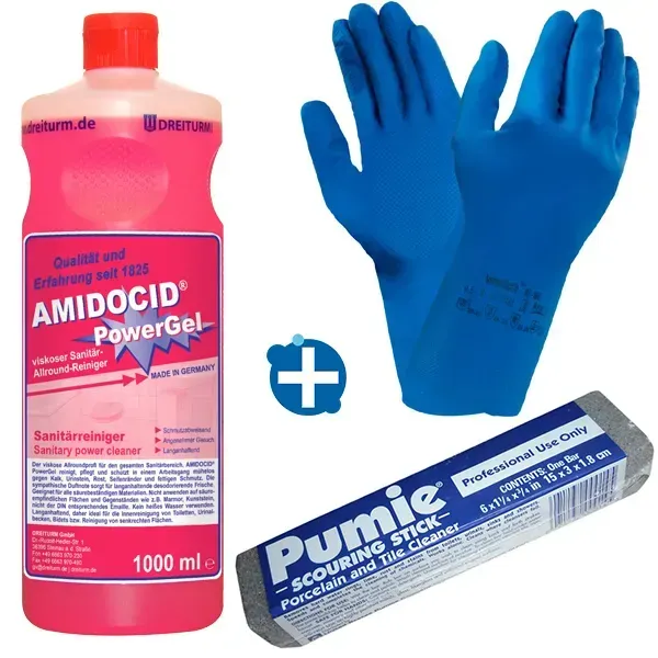 Reinigungsset zur Entfernung von Urinstein inkl. Reinigungsstein, Sanitärreiniger und Handschuhe