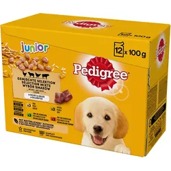 PEDIGREE Junior Mix Beutel mit Reis 12x100g: Nassfutter für Welpen mit einer Mischung aus Rindfleisch, Leber und Reis, mit Huhn und Reis, mit Lammfleisch, Leber und Reis, mit Geflügel und Reis, in Gelee