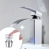 Wasserhahn Bad wasserfall Armatur aus Messing+Universal Ablaufgarnitur Chrom Pop-Up Ventil 1 1/4 Zoll Waschtischarmatur Einhandmischer Waschbecken - Silber