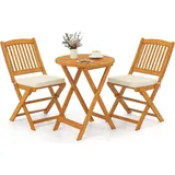 Goplus 3tlg. Gartenmöbel Set Akazienholz klappbar Rundtisch 2 Stühlen Kissen Beige - Beige