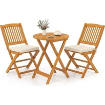 Goplus 3tlg. Gartenmöbel Set Akazienholz klappbar Rundtisch 2 Stühlen Kissen Beige - Beige