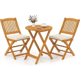 Goplus 3tlg. Gartenmöbel Set Akazienholz klappbar Rundtisch 2 Stühlen Kissen Beige - Beige