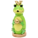 Dekohelden24 Holz Räuchermann, Räucherfigur, Räuchermännchen als Froschkönig mit Krone und Goldener Kugel in grün, Größe: L/B/H 8 x 8 x 12 cm.