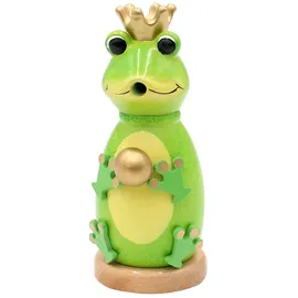 Dekohelden24 Holz Räuchermann, Räucherfigur, Räuchermännchen als Froschkönig mit Krone und Goldener Kugel in grün, Größe: L/B/H 8 x 8 x 12 cm.