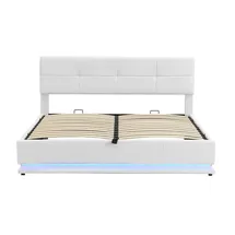 AUTOLOCK Polsterbett Polsterbett,180x200 cm,Doppelbett Jugendbett mit LED Beleuchtung, Hydraulisch anhebbarer Stauraum,Bettkasten,Lattenrost aus Kunstleder weiß