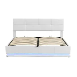 AUTOLOCK Polsterbett Polsterbett,180x200 cm,Doppelbett Jugendbett mit LED Beleuchtung, Hydraulisch anhebbarer Stauraum,Bettkasten,Lattenrost aus Kunstleder weiß