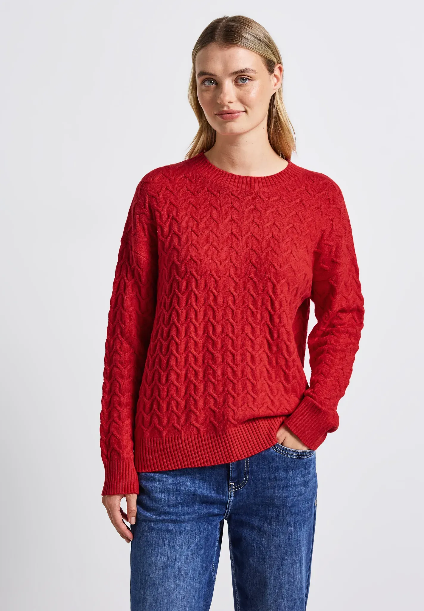 Strickpullover STREET ONE, Damen, Gr. 42, rot (racing rot), Web, 40% Baumwolle, 37% Polyacryl, 20% Nylon, 3% Elasthan, unifarben, normal normal, Rundhals, Strickbündchen, Pullover Strickpullover, mit Rundhalsausschnitt