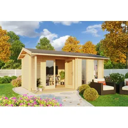 Gartenhaus LASITA MAJA "Riverside, Naturbelassen", beige (naturbelassen), Fußboden im Gartenhaus, ohne Dacheindeckung, Holz, Gartenhäuser, mit Terrasse
