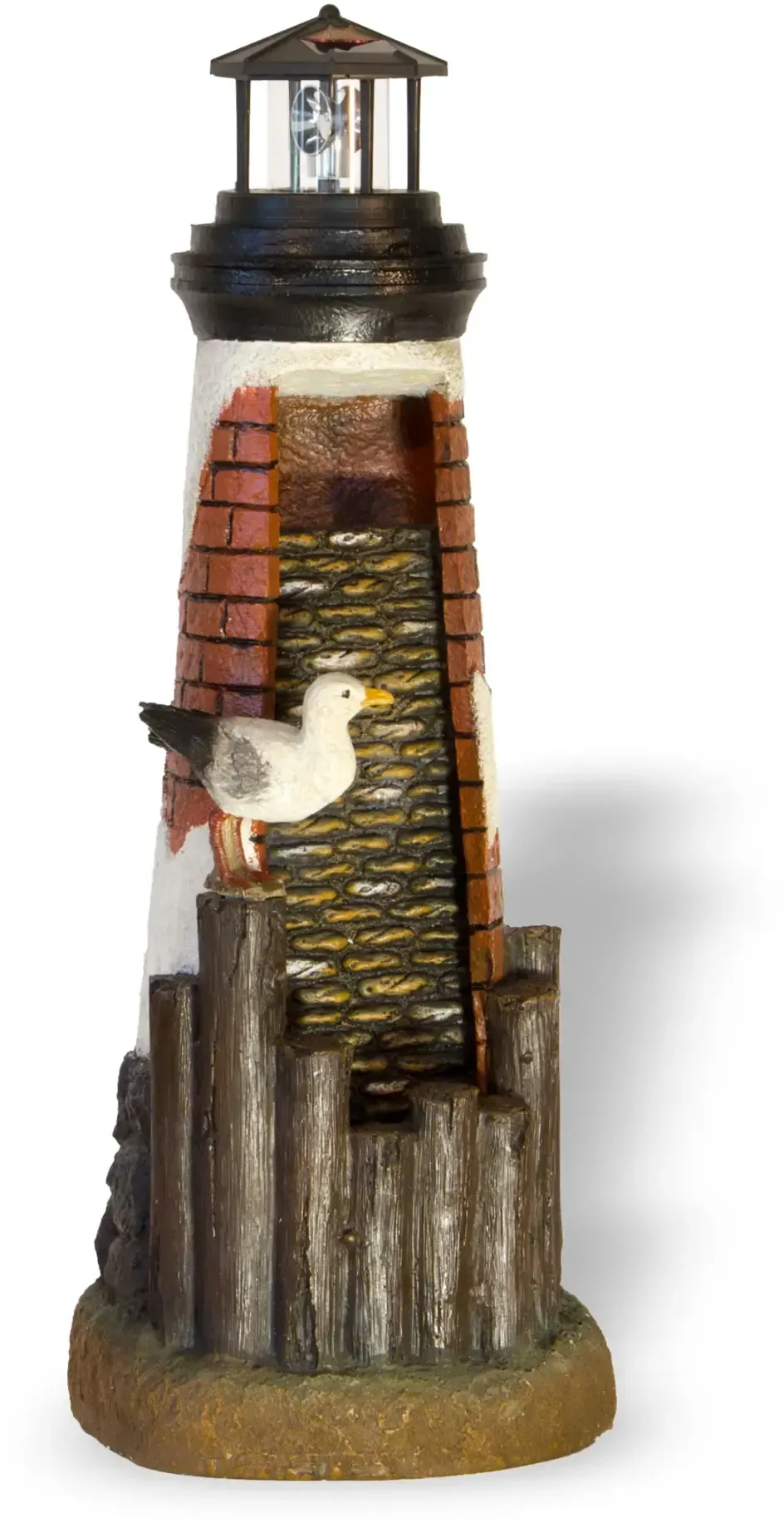 Gartenbrunnen Leuchtturm mit Möwe, Springbrunnen mit solarbetriebenem Leuchtfeuer