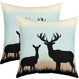 Niedlich Hirsch Kissenbezug Kissenhülle Hirsch Jagd Kissenbezüge 50x50cm 2er Set Kissenbezüge Weicher Geweih Dekor Sofakissen Couchkissen Western Bauernhaus Blau Schwarz Dekokissens Zimmer Dekor