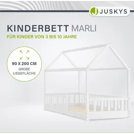 Juskys Kinderbett Marli 90 x 200 cm mit Matratze, Lattenrost & Dach - Bett Weiß