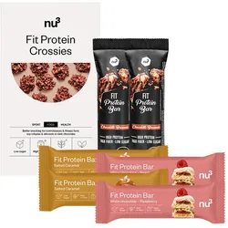 nu3 Fit Protein Crossies + Protein Bar, Salted Caramel + Protein Bar, Chocolate Brownie + Protein Bar, White Chocolate Raspberry