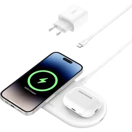Belkin BoostCharge Pro kabellose 2-in-1-Ladestation mit Qi2, 15W, Schnellladegerät, Wireless Charger für iPhone 17, Air, 16, Pixelsnap, AirPods und MagSafe-fähigen Geräten – Weiß