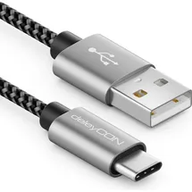 deleyCON 2m Nylon USB-C Kabel Ladekabel Datenkabel USB Typ C Metallstecker Laden & Synchronisieren von Handy & Smartphone