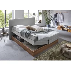 Boxspringbett HOME AFFAIRE "Blomen", grau (hellgrau), B:162cm L:224cm, Komplettbetten, Boxspringbett, mit Walnuss-Dekor, mit Bettkasten, verschiedene Härtegrade, mit Topper