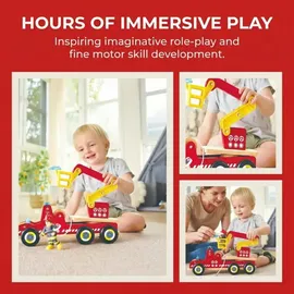 HaPe Feuerwehrauto mit Sirene - mit Feuerwehrmann-Figur, Spielzeugauto, Feuerwehrauto mit drehbarer Leiter & Zubehör, aus Holz, Rollenspielzeug für Kinder ab 2 Jahren
