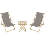 2 x Liegestuhl + Beistelltisch Strandliege Holz Sonnenliege Gartenliege Gartentisch Beige - Beige