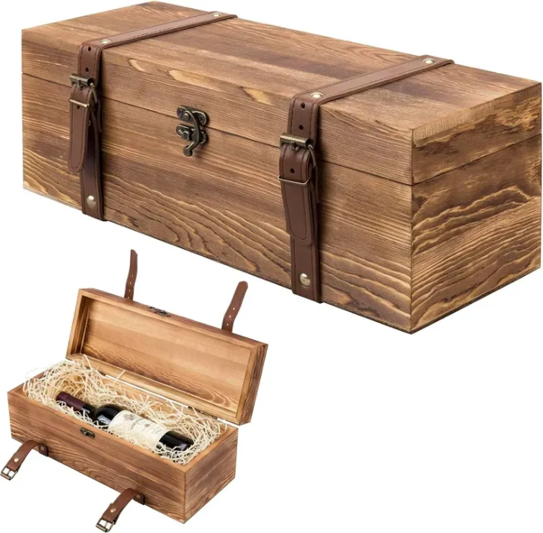 MyGift Vintage Holz-Weingeschenkbox - Einzel-Flaschenhalter mit Verschlussriegel & Lederbändern, Rustikal Braun Hochzeit Champagner, Bier (14x5x5 Zoll)