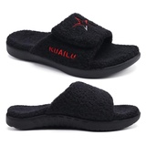 KuaiLu Hausschuhe Herren 48 Winter Warme Flauschige Fussbett Sandalen für Männer mit Klettverschluss Offener Zeh Plüsch Orthopädische Hausschuhe mit Arch Support, Schwarz Weihnachts - 48 EU