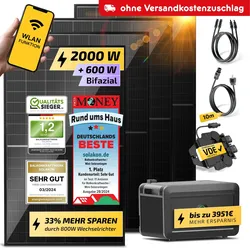 Balkonkraftwerk mit Speicher, 2000W/800W Solaranlage Steckerfertig WIFI Komplettset Photovoltaik Anlage 800W, Kabellänge: 10m
