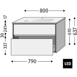 Sanipa Twiga Keramik-Set Design mit 2 Auszügen und LED-Beleuchtung, Eiche Natural-Touch, SL25085 SL25085