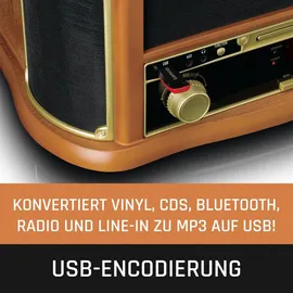 Lenco Retro-Schallplattenspieler aus Holz mit Bluetooth®, DAB+/FM-Radio, USB-Codierung, CD-Player, Kassettenspieler und eingebauten Lautsprechern