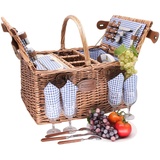 Les Jardins de la Comtesse - Picknickkorb Saint Germain Vichy blau – komplett – 4 Personen – Kühlfach – Fächer für 3 Flaschen – Teller aus Keramik – 48 x 35 x 26 cm