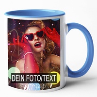 Keramik ,Tasse mit 2 Fotos & Text bedrucken Lassen - Fototasse Personalisieren - Kaffeebecher zum selbst gestalten (Blau)