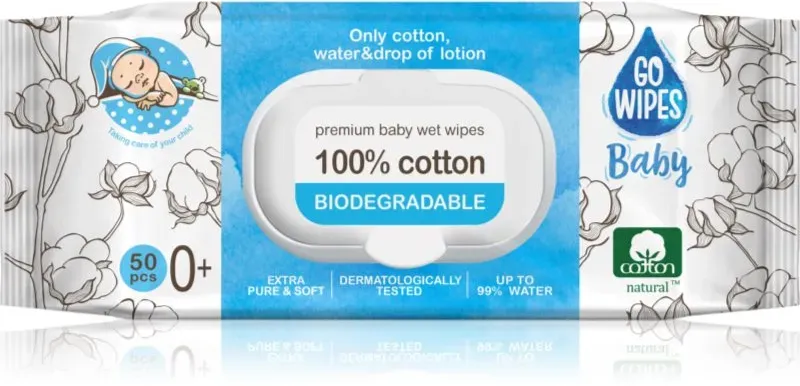 GoWipes Baby 100% Cotton Biodegradable sanfte Feuchttücher für Kleinkinder für empfindliche Oberhaut 0+ 50 St.
