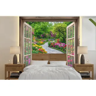 MuchoWow Fototapete Aussicht - Blumen - Gartenweg - Natur - Fenster, Matt, bedruckt, Vliestapete für Wohnzimmer Schlafzimmer Küche, Fototapete, 220x220 cm 2.2 m x 2 m