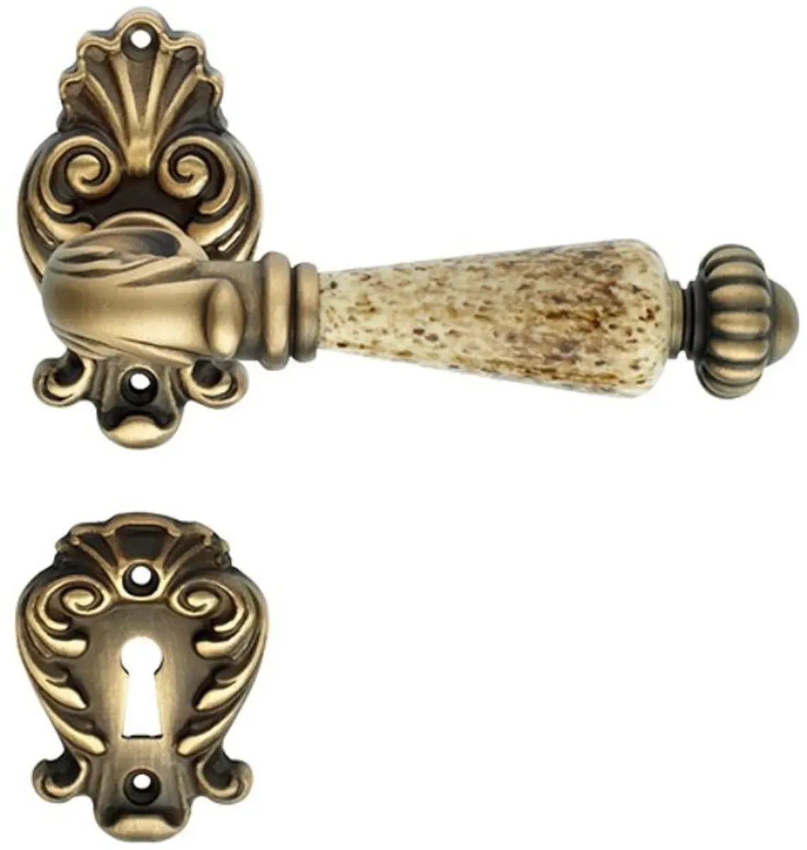 Casa Padrino Barock Türklinken Set Messing Patiniert 14 x H. 8,2 cm - Barockstil Türgriff Set mit Edel Porzellan Griff