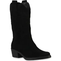 VAN HILL Damen Cowboystiefel Stiefel Stickereien Schuhe 840336, Farbe: Schwarz Velours, Größe: 36 - Schwarz