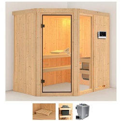 Karibu Sauna Frigga 1, BxTxH: 196 x 151 x 198 cm, 68 mm, (Set) 9-kW-Bio-Ofen mit externer Steuerung beige