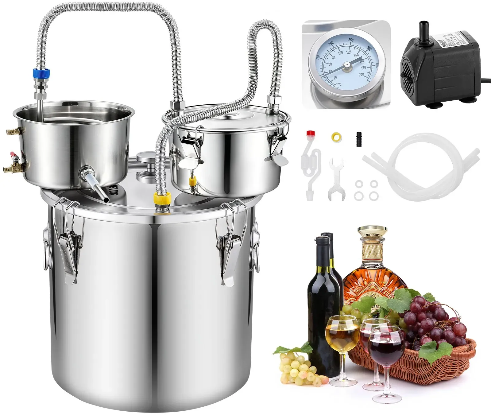 VEVOR Distillieranlage 30 L mit Thumper-Fass Wasserpumpe Thermometer Silber, Destillationsset mit Doppelskala-Thermometer für Whisky, Wein und Brandy, Destillierer-Heimbrauset für Hobby und Küche