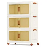 Stapelbare Aufbewahrungsbox mit Deckel und Rollen, Kunststoffschrank mit Türen (68,5 x 37 x 107 cm, 3 Ebenen)