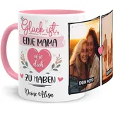 Tassenliebling® Tasse Mama mit Fotos und Sprüchen und Namen personalisiert - Glück ist eine - Rosa - Fototasse mit eigenen Bildern selbst gestalten - Muttertagsgeschenk