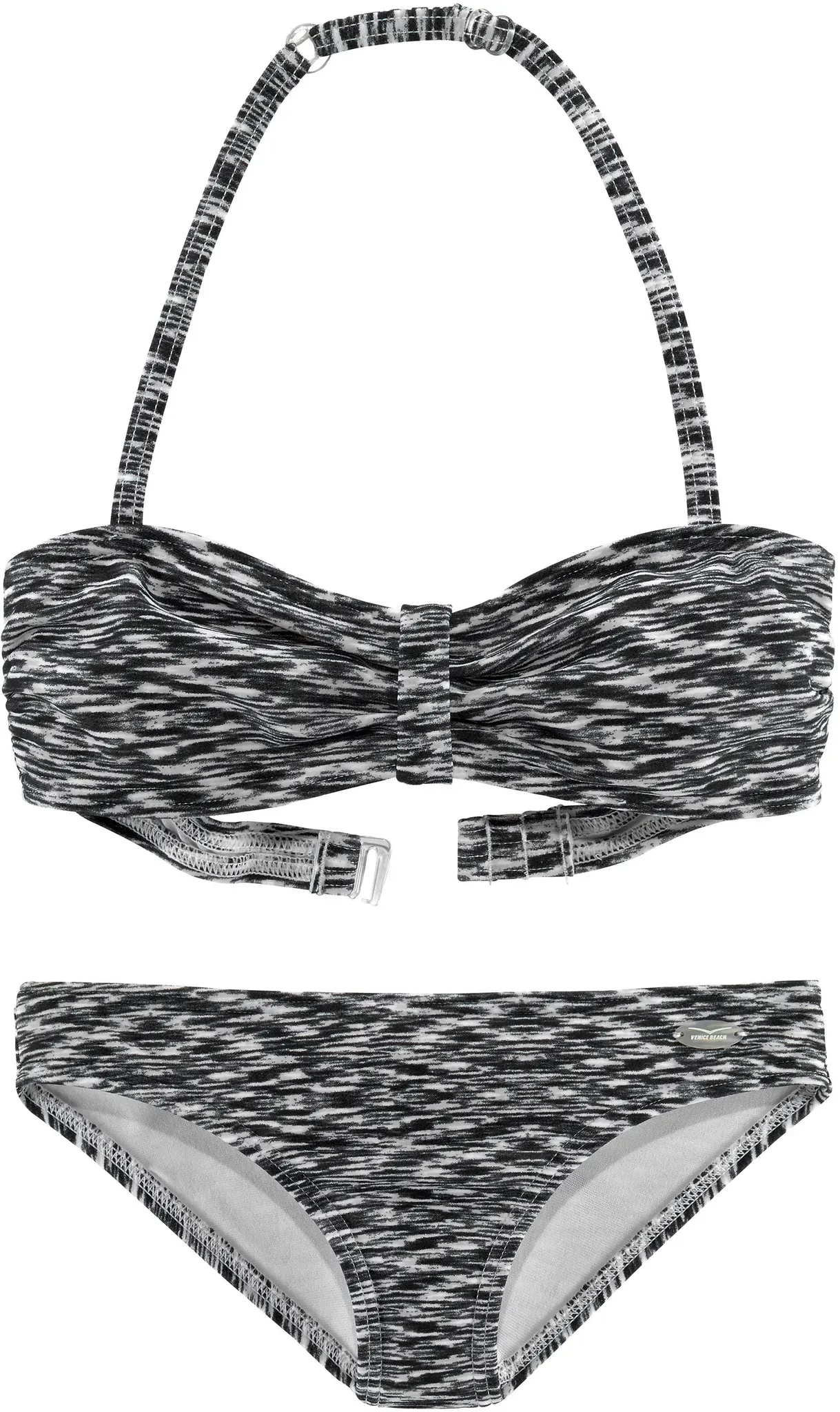 Bandeau-Bikini VENICE BEACH, Mädchen, Gr. 146/152, N-Gr, schwarz-weiß (schwarz, weiß), Polyamid, Melange-Effekt, Bikini-Sets, regulierbares Top, seitliche Stäbchen