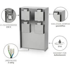 Longlife LED Gartensteckdosensäule für außen IP44 eckig 23cm - Steckdose: 4-fach - Farbe: Edelstahl
