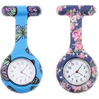 2 Stück Krankenschwesteruhr Silikon Krankenschwester Uhr Pin-on Brosche hängende Taschenuhr mit Sekundenzeiger für Frauen, himmelblauer Schmetterling dunkelblaue Rose