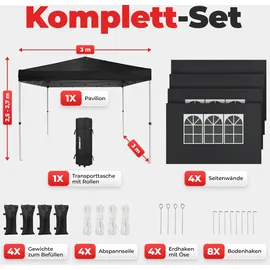 onbest Faltpavillon 3 x 3 m inkl. 4 Seitenteile Schwarz